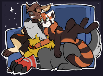 anthro brown_body brown_fur brown_hair clothing collar cuddling eye_scar eyes_closed facial_scar fluffy fur furniture gloves green_eyes grey_body grey_fur hair handwear male male/male orange_body orange_fur scar sofa tail tan_body tan_fur white_body white_fur yellow_body yellow_fur tickout bandai_namco digimon iddothings ra'zim rdy_(character) ailurid blackgaogamon digimon_(species) gulonine hybrid kangaroo macropod mammal marsupial marten mustelid musteline red_panda sable_(marten) 2025 hi_res