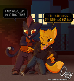 alley dialogue duo sunset text omny87 night_in_the_woods gregg_lee mae_borowski canid canine domestic_cat felid feline felis fox mammal 2019 english_text