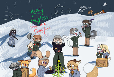 4_fingers >_< ^_^ accessory aiming aiming_weapon alcohol ambiguous_gender anthro armor battle beer_bottle beverage big_eyes big_tail biped black_clothing black_ears black_footwear black_nose black_shoes blue_bottomwear blue_clothing blue_eyes blue_jacket blue_pants blue_topwear blush blush_lines bolt_action_rifle bottle bottomwear bound box branch brown_body brown_bottomwear brown_clothing brown_ears brown_eyes brown_fur brown_hair brown_pants carrying_another chicken_meat chicken_sandwich christmas_decorations christmas_ornament christmas_tree cloak clothing cold combat_helmet container crate curled_tail detailed_background dipstick_tail directional_arrow doctor eyebrow_through_hair eyebrows eyes_closed fangs female fingers first_aid_kit floppy_ears fluffy fluffy_tail food footwear french fur furgonomics green_cloak green_clothing green_eyes green_jacket green_topwear greeting grey_body grey_ears grey_fur grey_hair group hair hair_accessory hair_ribbon hand_in_pocket hand_on_object handpaw head_tuft headgear helmet hill holding_beer holding_beverage holding_bottle holding_container holding_food holding_head holding_object holidays hug hugging_another inner_ear_fluff jacket large_group lettuce long_hair long_tail looking_at_another looking_at_viewer looking_up lop_ears male markings meat medical_instrument multicolored_body multicolored_fur night orange_body orange_eyes orange_fur ornament outside pants paws pivoted_ears plant pockets pupils raised_eyebrows ribbons rope scared scientific_instrument sharing_beverage shocked shoes short_tail sign small_nose small_pupils smile snow snowing tail tail_markings tail_on_ground tail_tuft teeth text topwear translucent translucent_hair tree tuft two_tone_body two_tone_fur vegetable white_body white_ears white_fur white_ribbon white_sclera wood wood_sign wooden_crate worried conditional_dnp kitkaterx3 christmas averi_(fiddleafox) blueberry_(fiddleafox) clover_(fiddleafox) cotton_(fiddleafox) eina_(fiddleafox) eli_(fox)_(fiddleafox) elka_(fiddleafox) hazel_(fiddleafox) nat_(lnebrias) ryou_(fiddleafox) seibold_(fiddleafox) sigrid_(fiddleafox) vincent_(fiddleafox) alpine_goat bird_dog bovid canid canine canis caprine cavalier_king_charles_spaniel domestic_cat domestic_dog domestic_goat domestic_rabbit european_rabbit felid feline felis fox goat hunting_dog lagomorph leporid mammal oryctolagus rabbit red_fox shih_tzu spaniel toy_dog true_fox wolf 2025 digital_drawing_(artwork) digital_media_(artwork) english_text hi_res signature