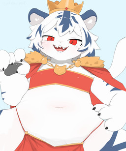 anthro biped black_pawpads blue_body blue_ears blue_fur blue_hair blue_stripes bottomwear cape claws clothed clothed_anthro clothed_male clothing crown finger_claws front_view fur hair headgear kemono loincloth looking_at_viewer male male_anthro midriff monotone_tail multicolored_body multicolored_fur multicolored_hair navel open_mouth open_smile pawpads red_cape red_clothing red_eyes sharp_teeth simple_background smile solo striped_body striped_fur stripes tail teeth topwear tube_top two_tone_body two_tone_fur two_tone_hair white_body white_fur white_hair white_inner_ear white_tail takenomoto azura_safir felid mammal pantherine tiger 2025 5:6 colored digital_media_(artwork) half-length_portrait hi_res portrait shaded simple_shading