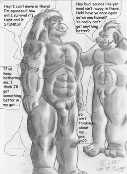 abs balls dialogue duo ellipsis fatal_vore feet flaccid forced foreskin frown genitals hair male male/male muscular nipples nude nude_pred penis smile speech_bubble standing talking_to_another talking_to_pred talking_to_prey teeth text tongue unwilling_prey vore willing_pred bigbadbear ragor_(bigbadbear) humanoid orc english_text graphite_(artwork) hi_res monochrome signature traditional_media_(artwork)