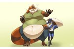 anthro belly big_belly big_breasts big_moobs breasts claws clothed clothing digitigrade duo female finger_claws fully_clothed fur huge_belly long_tail male moobs morbidly_obese morbidly_obese_male muffin_top obese obese_male open_mouth overweight overweight_male simple_background smile tail thick_thighs toe_claws walking biglovealicia nintendo pokemon generation_4_pokemon lucario mammal pokemon_(species) procyonid raccoon 2024 hi_res letterbox signature