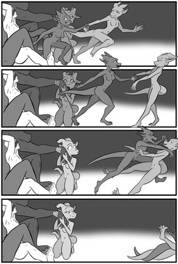 anthro duo female female/female group male running trio circuit19 mythology dragon human kobold mammal mythological_creature mythological_scalie scalie comic hi_res monochrome