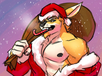 anthro black_nipples black_nose blue_eyes candy_cane_in_mouth christmas_clothing christmas_headwear claws clothed clothing dipstick_ears ear_markings facial_hair finger_claws front_view fur goatee hat headgear headwear holidays looking_at_viewer male male_anthro multicolored_ears narrowed_eyes nipples open_clothing open_mouth open_topwear red_clothing red_hat red_headwear red_topwear santa_hat simple_background solo topwear white_body white_fur yellow_body yellow_fur solaxe_(artist) christmas solaxe kangaroo macropod mammal marsupial 4:3 absurd_res bust_portrait hi_res portrait