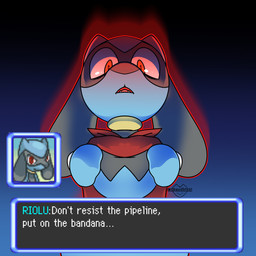 ambiguous_gender black_body black_fur blue_body blue_fur feral fur gradient_background imminent_transformation kerchief looking_at_viewer looming_over open_mouth outline red_eyes red_outline sharp_teeth simple_background solo teeth text text_box threatening caffeinekobold nintendo pokemon pokemon_mystery_dungeon spike_chunsoft canid canine generation_4_pokemon mammal pokemon_(species) riolu 1:1 english_text headshot_portrait hi_res portrait signature