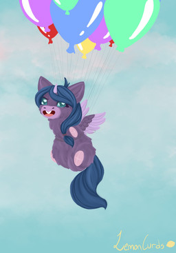 1_horn ambiguous_feral ambiguous_gender amputee attached_to_balloon balloon blue_hair blue_tail buckteeth day disability feathered_wings feathers feral floating fur hair horn inflatable no_sclera open_mouth purple_body purple_fur purple_horn purple_wings quadruple_amputee sky sparkles sparkling_eyes tail teal_eyes teeth text tied_hair tongue wings young young_ambiguous young_feral lemoncurds fluffy_pony mythology equid equine fluffy_pony_(species) mammal mythological_creature mythological_equine winged_unicorn 2021 artist_name digital_media_(artwork) hi_res