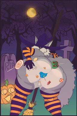 anal anal_penetration anthro anus big_butt butt candy candy_in_ass clothing dessert food food_fetish food_in_ass food_insertion food_play hat headgear headwear holidays improvised_sex_toy male nude_anthro object_in_ass penetration puffy_anus solo spread_butt spreading witch_hat thatgoatdude halloween spicytap canid canine canis mammal wolf
