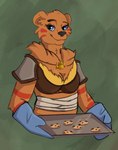 anthro baking_tray bear body_wraps bodypaint breasts brown_body brown_fur bruna_(golddrake) clothing cookie elvella female food fur fur_armor handwear hi_res jewelry mammal neck_tuft necklace oven_mitts shoulder_pads solo tuft waist_up
