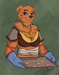 anthro baking_tray body_wraps bodypaint breasts brown_body brown_fur clothing cookie female food fur fur_armor handwear jewelry neck_tuft necklace oven_mitts shoulder_pads solo tuft elvella bruna_(golddrake) bear mammal half-length_portrait hi_res portrait