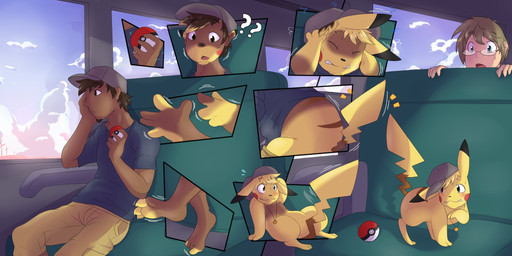 before_and_after black_nose blush brown_hair bus claws clothing cloud commercial_vehicle dark_body dark_skin dipstick_ears duo ear_markings embarrassed eyewear facial_hair feral fur glasses hair hat head_tuft headgear headwear holding_object holding_pokeball human_to_feral inside_bus jewelry light_body light_skin male markings multicolored_ears necklace paws pokeball public_transportation question_mark shocked shrinking size_transformation sky solo_focus species_transformation transformation transformation_by_fictional_prop transformation_by_item transformation_by_pokeball transformation_mechanism transformation_through_technology tuft vehicle vehicle_for_hire yellow_body yellow_fur ravieel nintendo pokemon generation_1_pokemon human mammal pikachu pokemon_(species) absurd_res colored comic hi_res sequence shaded signature