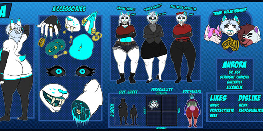 anthro big_breasts black_sclera blue_body blue_border blue_eyes blue_fur border breasts butt clothed clothing ear_piercing ear_ring fangs female fur hair nipples nude piercing ring_piercing sabertooth_(anatomy) simple_background solo standing teeth text white_body white_fur osopolar-kun aurora_(osopolar-kun) felid mammal prehistoric_species saber-toothed_tiger absurd_res digital_media_(artwork) english_text hi_res model_sheet