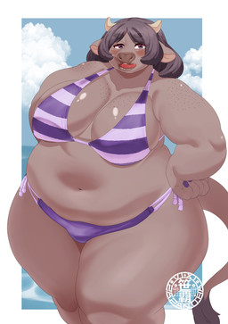 5_fingers anthro belly big_breasts bikini black_hair blush blush_lines breasts clothing cloud colored_nails day eyebrow_through_hair eyebrows eyelashes female fingernails fingers freckled_breasts freckled_chest freckled_face freckled_shoulders freckles glistening glistening_body grey_body grey_horn hair hand_on_hip horn huge_breasts long_eyelashes looking_at_viewer nails navel open_mouth outside overweight overweight_anthro overweight_female purple_bikini purple_clothing purple_fingernails purple_nails purple_swimwear sea sky solo standing swimwear tail thick_eyebrows thick_thighs tongue translucent translucent_hair two-piece_swimsuit water wide_hips sasanoha6011 bovid bovine cattle mammal absurd_res hi_res
