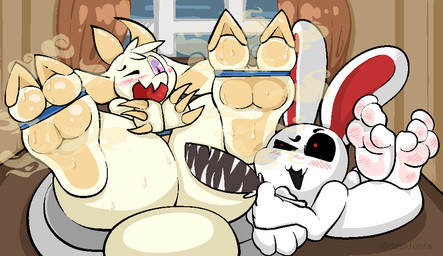 2_toes 3_toes ambiguous_gender anthro bdsm blush bodily_fluids bondage bound butt claws duo feathers feet foot_fetish foot_focus gag gagged hands_tied horn lying on_back on_front one_eye_closed smelly smelly_feet sweat sweaty_butt sweaty_feet tail thick_tail thick_thighs tickle_torture tickling toe_claws toe_restraints toes toes_tied duskfenra chikn_nuggit mythology fwench_fwy_(chikn_nuggit) iscream_(chikn_nuggit) dragon lagomorph leporid mammal mythological_creature mythological_scalie rabbit scalie nonbinary_(lore)