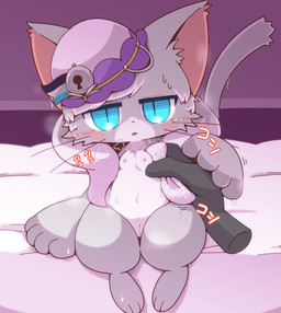 anthro anthro_focus bed biped blue_eyes bodily_fluids breath cat_tail cheek_tuft chibi clothing countershading disembodied_hand drying drying_fur duo facial_markings facial_tuft female female_anthro female_focus front_view fur fur_tuft furniture grey_body grey_fur hat head_markings head_tuft headgear headwear inner_ear_fluff looking_at_viewer markings multicolored_body multicolored_fur muzzle_(marking) on_bed sitting sitting_on_bed solo_focus sweat tuft two_tone_body two_tone_fur white_body white_countershading crepix cat_busters domestic_cat felid feline felis mammal 2020 cel_shading digital_drawing_(artwork) digital_media_(artwork) shaded