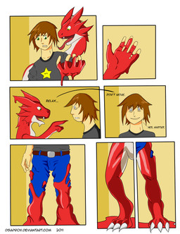 anthro belt bottomwear brown_eyes brown_hair claw_toes claws clothed clothing countershade_face countershade_legs countershade_neck countershade_torso countershading denim denim_bottomwear denim_clothing dialogue digitigrade duo fangs frown fully_clothed gesture glistening glistening_body goo_drip goo_transformation hair hand_gesture horn human_to_anthro hypnosis inside jeans long_tongue looking_at_own_hand male mind_control open_mouth pants pointing pointing_at_another red_body shirt simple_background smile species_transformation spiral spiral_eyes standing t-shirt teeth text tongue tongue_out topwear transformation transformation_sequence white_body white_countershading dsaprox mythology dragon goo_creature human mammal mythological_creature mythological_scalie scalie 2012 colored comic english_text hi_res