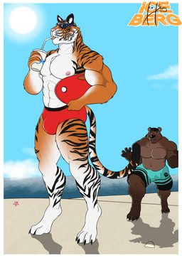 anthro beach beverage boogie_board bulge claws clothing cloud dreadlocks drinking duo eyewear goggles male male/male milkshake muscular muscular_male nipples outside pecs sea seaside sneak_attack sneaking speedo standing stripes swimming_goggles swimming_trunks swimwear tongue tongue_out water 1ceberg bear felid mammal pantherine tiger absurd_res hi_res