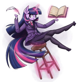 accessory anthro anthrofied black_hair book bottomwear clothing female fetlocks footwear fur furniture glowing glowing_horn hair high_heels highlights_(coloring) hoof_hands horn legwear levitation long_hair looking_at_viewer loose_footwear magic necktie pantyhose pink_highlights pink_necktie pinstripes purple_body purple_bottomwear purple_clothing purple_eyes purple_fur purple_highlights purple_skirt purple_suit purple_suit_jacket shoe_dangle shoes side_slit_skirt simple_background skirt skirt_suit solo stool suit tail white_background king-kakapo friendship_is_magic hasbro my_little_pony mythology twilight_sparkle_(mlp) equid equine mammal mythological_creature mythological_equine unicorn 2016 hi_res