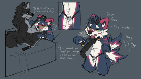 anthro athletic athletic_anthro athletic_dom athletic_male athletic_sub balls bds bdsm bed begging begging_pose black_body bodily_fluids breath chastity_cage chastity_device chin_grab collar countershade_accent cuff_(restraint) cum cum_drip cum_from_nose cum_in_nose cum_inside cum_on_face cutaway dialogue dominant dominant_anthro dominant_male dripping duo erection flat_chastity_cage furniture genital_fluids genitals green_eyes half-closed_eyes head_grab holding_leash holding_object humanoid_genitalia humanoid_penis kemono kneeling leash male male/male mostly_nude_anthro mostly_nude_male narrowed_eyes nude on_bed open_mouth oral oral_penetration padlocked_collar panting paw_pose penetration penis pose precum precum_on_balls precum_on_ground precum_on_self precum_while_chaste purple_ears restraints sitting slave submissive submissive_anthro submissive_male tail tail_motion tailwag text throbbing throbbing_penis tremble_spikes beckowaffle canid canine canis mammal wolf 16:9 4k absurd_res english_text hi_res multiple_scenes widescreen