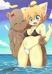 ambiguous_gender anthro bikini bikini_thong blonde_hair blush bodily_fluids bow_ribbon brown_body camel_toe clothing cute_fangs disembodied_wings duo face_mask fangs female fur hair halo kemono medical_mask_underwear sea short_hair sky sweat swimwear teeth two-piece_swimsuit water wet wet_body wet_fur yellow_body mgro02 bear domestic_cat felid feline felis mammal absurd_res hi_res