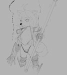 age_regression aged_down anthro armor bikini_armor female lance loli melee_weapon polearm shrinking size_transformation solo surprise transformation unconvincing_armor weapon young mercumius unicorn_overlord vanillaware dinah_(unicorn_overlord) canid canine fox mammal monochrome