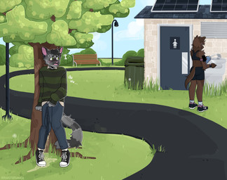 anthro bodily_fluids bottomwear clothing denim denim_bottomwear denim_clothing footwear genital_fluids humiliation jeans male outside pants public shoes solo sweater topwear urine watersports wetting rroostersauce domestic_cat felid feline felis mammal absurd_res hi_res