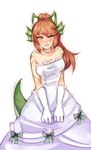 armwear blush brown_hair choker clothed clothing dress elbow_gloves embarrassed female gloves green_body green_scales hair handwear jewelry markings monster_girl_(genre) necklace ponytail scales simple_background solo tail wedding_dress monorus monster_girl_encyclopedia mythology lizardman_(mge) animal_humanoid dragon dragon_humanoid humanoid lizard_humanoid mythological_creature mythological_scalie reptile reptile_humanoid scalie scalie_humanoid hi_res