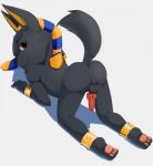anthro anus backsack balls black_body black_fur butt clothing erection fur genitals headgear headwear knot knotted_penis looking_back male nude pawpads paws penis pose presenting presenting_hindquarters shota simple_background solo submissive submissive_male white_background wristband yellow_eyes young young_anthro steel_cat anubis_and_the_buried_bone egyptian_mythology middle_eastern_mythology mythology anubis anubian_jackal canid canine canis deity jackal mammal hi_res pinup