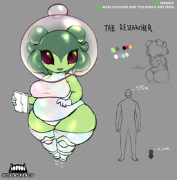 belly big_butt black_eyes butt duo female floating green_body huge_butt huge_thighs male male/female micro_female minigirl shortstack size_difference slightly_chubby slightly_chubby_female text thick_thighs ze_blackball.d the_researcher_(zeblackballd) alien human humanoid mammal absurd_res english_text hi_res model_sheet