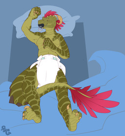 3_fingers 3_toes ambiguous_gender anthro bed bedding black_pacifier blanket bodily_fluids claws clean_diaper clothed clothing diaper diaper_only drooling eyes_closed feathers feet finger_claws fingers furgonomics furniture furry-specific_piercing green_body green_scales green_tail hair hand_on_chest head_horn high-angle_view horn horn_jewelry horn_piercing horn_ring jewelry logo lying navel non-mammal_navel object_in_mouth on_back on_bed on_pillow pacifier pacifier_in_mouth piercing pillow plantigrade red_hair red_tail_feathers ring_(jewelry) saliva scales scaly_tail sleeping smile snaggle_tooth solo spiked_tail spikes spikes_(anatomy) tail tail_feathers toe_claws toes topless wearing_diaper white_diaper yellow_claws bubblepuppers microsoft the_elder_scrolls keerha argonian scalie absurd_res artist_logo full-length_portrait hi_res portrait