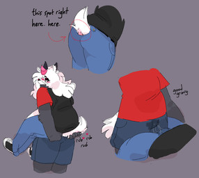 anthro big_butt biped black_clothing black_eyelids black_footwear black_shirt black_shoes black_topwear blush bodily_fluids bottomwear bulge butt carrying_another carrying_partner clothed clothing cum cum_in_clothing cum_through_clothing cum_through_pants denim denim_bottomwear denim_clothing dock_(anatomy) duo erogenous_tail footwear fully_clothed fur furgonomic_pants genital_fluids hair hair_over_face heart_symbol horn intersex intersex/male jeans male overweight overweight_anthro pants pink_horn pink_nose red_clothing red_shirt red_topwear rubbing_tail shirt shoes shorts tail text topwear wet wet_clothing white_body white_fur white_hair pinkshinyhorns nier_(pinkshinyhorns) bovid caprine goat mammal 2023 english_text trans_(lore) trans_woman_(lore)