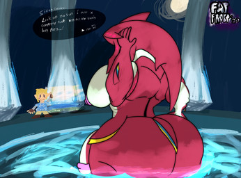 anthro big_butt big_muscles big_pecs big_penis butt crossgender genitals gesture growth gynomorph hand_gesture huge_butt huge_muscles huge_pecs hyper hyper_butt hyper_muscles hyper_pecs intersex male moon muscular pecs penis swimming_pool text thumbs_up water squishy_bloo breath_of_the_wild nintendo the_legend_of_zelda link prince_sidon aquatic human humanoid hylian mammal zora english_text hi_res