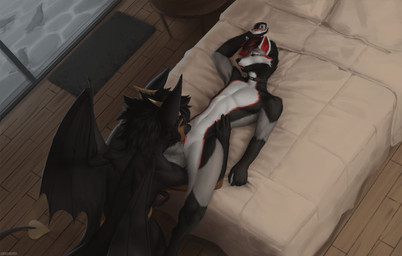 andromorph andromorph/male anthro anthro_on_anthro anus bedroom black_body black_fur collar cunnilingus duo erection fur genitals grabbing_sheets grey_body grey_fur humanoid_genitalia humanoid_vulva intersex intersex/male kneeling lying male male/male markings masturbation on_back oral penile penile_masturbation penis piercing red_markings sex spade_tail tail vaginal vulva wings oreobird mythology bat canid canine canis domestic_dog dragon husky hybrid mammal mythological_creature mythological_scalie nordic_sled_dog scalie spitz wolf hi_res