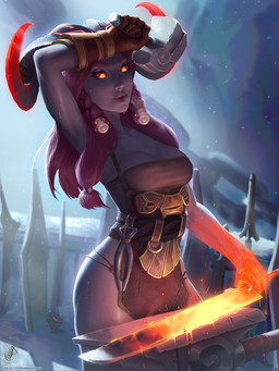 5_fingers anvil apron armwear blacksmith bodily_fluids breasts chain cleavage clothed clothing crossgender detailed_background female fingers front_view gloves hair hammer handwear holding_melee_weapon holding_object holding_sword holding_weapon horn lava long_hair looking_down mace melee_weapon molten_weapon not_furry purple_body purple_hair purple_skin red_sclera solo standing sweat sweatdrop sword tools weapon yellow_eyes themaestronoob league_of_legends riot_games tencent ornn_(lol) horned_humanoid humanoid 2017 3:4 hi_res portrait three-quarter_portrait