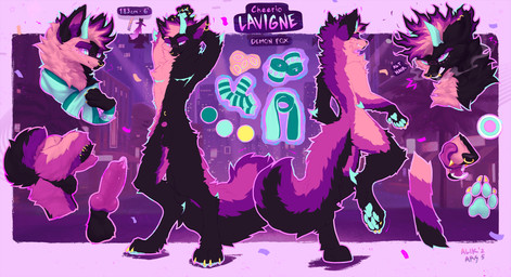 animal_genitalia animal_penis anthro balls black_balls black_body black_fur black_nose blue_eyes blue_pawpads bodily_fluids canine_genitalia canine_penis claws ear_piercing ear_ring eyes_closed facial_piercing fur genital_fluids genitals horn knot male multicolored_tail navel navel_piercing navel_ring nose_piercing nose_ring pawpads penis penis_tip piercing pink_body pink_eyes pink_fur pink_penis precum ring_piercing sheath solo tail teeth tongue tongue_out white_claws alikars canid canine fox mammal hi_res model_sheet