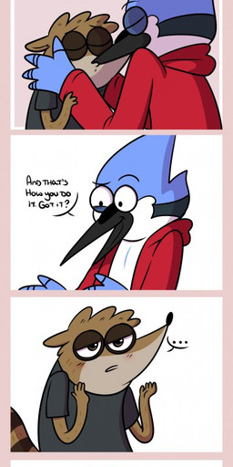anthro beak blush brown_body brown_fur clothed clothing dialogue duo ellipsis eyes_closed feathers fur jacket kissing male male/male open_clothing open_jacket open_mouth open_topwear shirt simple_background standing text topwear babynarwhal cartoon_network regular_show mordecai_(regular_show) rigby_(regular_show) avian bird blue_jay corvid jay_(bird) mammal new_world_jay oscine passerine procyonid raccoon 2015 comic english_text hi_res