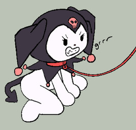 ambiguous_gender angry bdsm chibi clothing collar female fool's_hat growling hat headgear headwear leash petplay roleplay sitting sitting_on_ground solo spade_tail tail apparitionnumber2 onegai_my_melody sanrio kuromi demon humanoid lagomorph leporid mammal rabbit