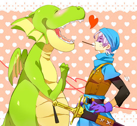 anthro armor blue_clothing blue_hat blue_headwear blush bodily_fluids brown_armor clasped_hands clothing duo eyes_closed fangs female gloves hair handwear happy hat head_wings headgear headwear heart_symbol impending_doom love male male/female markings melee_weapon membrane_(anatomy) membranous_wings open_mouth pocky_game pocky_in_mouth purple_clothing purple_gloves purple_handwear red_thread scabbard scared sweat sword teeth unusual_wing_placement weapon white_hair wings haruno77 dragon_quest dragon_quest_vi mythology square_enix lizzie_(dragon_quest) terry_(dragon_quest) battlerex dragon hacksaurus human mammal mythological_creature mythological_scalie scalie low_res