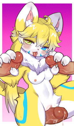 ambiguous_fluids antenna_hair anthro biped blonde_hair blue_markings border countershading disembodied_penis female genitals gradient_background group group_sex hair halftone_background handjob heart_eyes heart_symbol heterochromia kemono male markings pattern_background penile penis pink_background pussyjob sex simple_background solo_focus submissive submissive_female thigh_sex tongue tongue_out white_border yellow_body unknown_artist uno_(unokoneko) mammal digital_media_(artwork) halftone hi_res portrait three-quarter_portrait