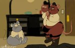 anthro beard brown_body bulge clothing detailed_background duo facial_hair inside male overweight overweight_male shirt sitting tattoo topwear underwear chonkymouse mammal mouse murid murine rat rodent 2024 hi_res