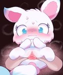 ambiguous_gender anthro blush bodily_fluids chibi clitoris disembodied_hand duo female female/ambiguous fur genitals humanoid_hands lying on_back pussy simple_background spread_pussy spreading sweat urethra white_body white_fur young badwingm jewelpet sanrio sega sega_fave larimar_(jewelpet) canid canine fox mammal hi_res