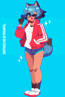 5_fingers anthro blue_body blue_eyes blue_fur blue_hair brown_body brown_fur clothed clothing female fingers footwear fur gesture hair hand_gesture markings multicolored_body multicolored_fur one_eye_closed simple_background solo sparkles v_sign nahrimon brand_new_animal studio_trigger michiru_kagemori canid canine mammal raccoon_dog tanuki 2020 absurd_res digital_media_(artwork) hi_res