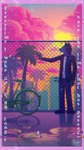 anthro bicycle blue_body blue_fur building clothed clothing cloud effect_details effects fur glitch green_body green_fur light looking_away male open_clothing open_shirt open_topwear palm_tree pink_clouds plant puddle shirt solo standing sun sunlight sunset topwear tree vaporwave vehicle sinser sinser_(character) canid canine canis mammal wolf digital_drawing_(artwork) digital_media_(artwork) hi_res