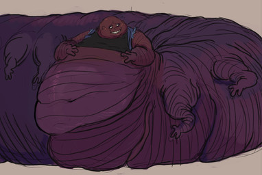 belly big_belly bottomless chubby_cheeks clothed clothing double_chin grin hand_on_belly immobile looking_at_self looking_back looking_back_at_self male morbidly_obese morbidly_obese_male multi_limb obese obese_male overweight overweight_male purple_body purple_skin smile solo teeth toothy_grin weight_gain dinoburger look_outside dan_(look_outside) humanoid_taur monster taur worm hi_res