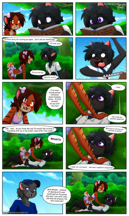 4_fingers accessory adolescent anthro black_body black_fur blush book brown_body brown_fur brown_hair cheerleader cheerleader_outfit clothed clothing cloud day detailed_background dialogue duo eyewear fangs female fingers fur glasses grass hair hair_accessory light male nature nature_background plant purple_eyes reading scared sitting sunlight tail tail_motion tailwag teeth text tree uniform yellow_eyes young young_anthro young_female young_male piporete hiro_(piporete) minami_(piporete) canid canine felid feline mammal pantherine prehistoric_species saber-toothed_tiger sabertooth_feline 2025 absurd_res comic digital_drawing_(artwork) digital_media_(artwork) digital_painting_(artwork) english_text hi_res multiple_scenes painting_(artwork) right_to_left signature url