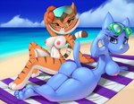 2015 amber_eyes anthro beach bedding big_butt blanket blue_body blue_eyes blue_fur breasts butt cartoon_network detailed_background domestic_cat dreamworks duo eyewear felid feline felis female fur genitals kung_fu_panda looking_at_viewer lying mammal master_tigress nicole_watterson nipples nude on_front on_towel outside pantherine pussy sand sea seaside sky stripes sunglasses tail the_amazing_world_of_gumball thefuckingdevil thick_thighs tiger towel water