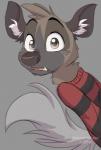 anthro black_body black_fur black_nose brown_body brown_eyes brown_fur clothed clothing fur grey_background head_tuft inner_ear_fluff male open_mouth simple_background solo tuft meowmavi aggretsuko sanrio haida_(aggretsuko) hyena mammal spotted_hyena 2019 hi_res