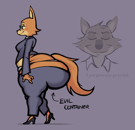 anthro belly big_butt blush blush_lines bottom_heavy bottomwear breasts business_suit butt butt_cleavage clothing directional_arrow duo eyelashes eyewear female female_focus footwear fur glasses grey_clothing grey_suit high_heels huge_butt hyper hyper_butt lidded_eyes male medium_breasts orange_body orange_fur panties panty_peek shoes side_view slightly_chubby slightly_chubby_anthro slightly_chubby_female smile solo_focus suit text thick_thighs thong_straps undersized_bottomwear undersized_clothing underwear walking wearing_glasses whale_tail_(fashion) white_clothing white_panties white_underwear nitarustarium dreamworks evil_container my_mom_is_kinda_homeless the_bad_guys diane_foxington mr._wolf_(the_bad_guys) canid canine canis fox mammal wolf 2025 digital_drawing_(artwork) digital_media_(artwork) english_text full-length_portrait meme portrait
