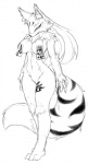 anthro breasts female genitals hair kemono long_hair looking_at_viewer nude ofuda ofuda_on_breast pussy solo tail talisman text cotora manba_(character) canid canine fox mammal japanese_text monochrome