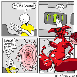 breasts computer dialogue duo electronics female genitals male male/female not_furry penetration penile penile_penetration penis penis_in_vagina portal red_body red_skin text vaginal vaginal_penetration vulva yellow_eyes ciircuit demon human mammal comic english_text