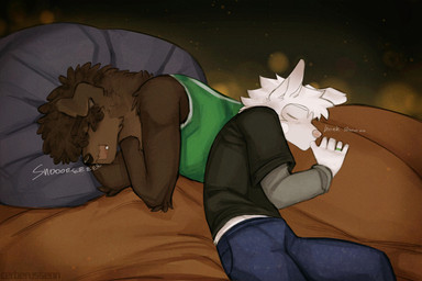 afro albino anthro bed brown_body brown_fur brown_hair clothing cute_fangs daww duo fangs floppy_ears freckles fur furniture hair honk_shoo lying_on_another male male/male markings mole_(marking) pajamas pillow pink_nose ring romantic romantic_couple shirt sleeping snoring sucking tank_top teeth thumb_suck topwear white_body white_fur young cerberussenn louie_sweeto_(cerberussenn) rj_holiday_(cerberussenn) canid canine canis domestic_dog livestock_guardian_dog mammal molosser mountain_dog pastoral_dog tibetan_mountain_dog wolf absurd_res hi_res signature